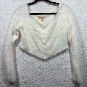 Large Urban Outfitters White Fuzzy Cropped Cardigan Pearl Buttons Coquette Ivory
